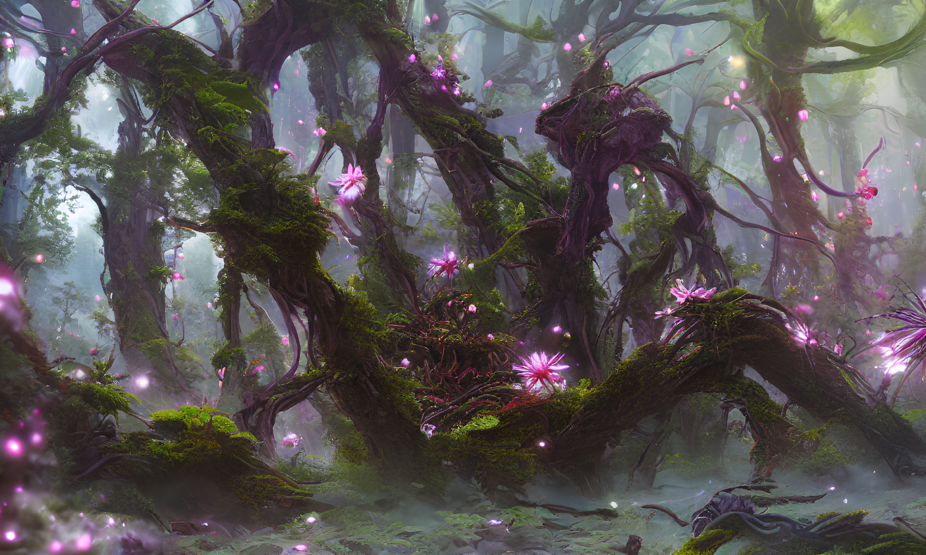 Twisted moss-covered trees in enchanted forest with glowing pink flowers