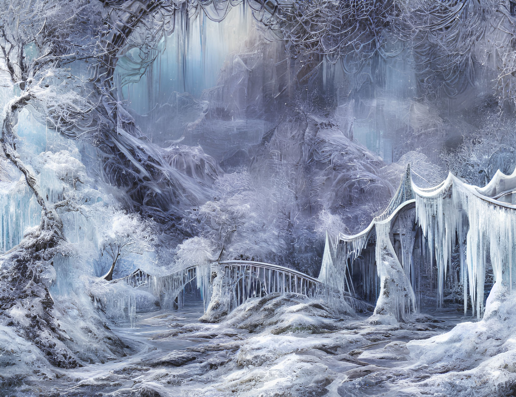 Frozen bridge in snowy, icy landscape with mystical blue glow