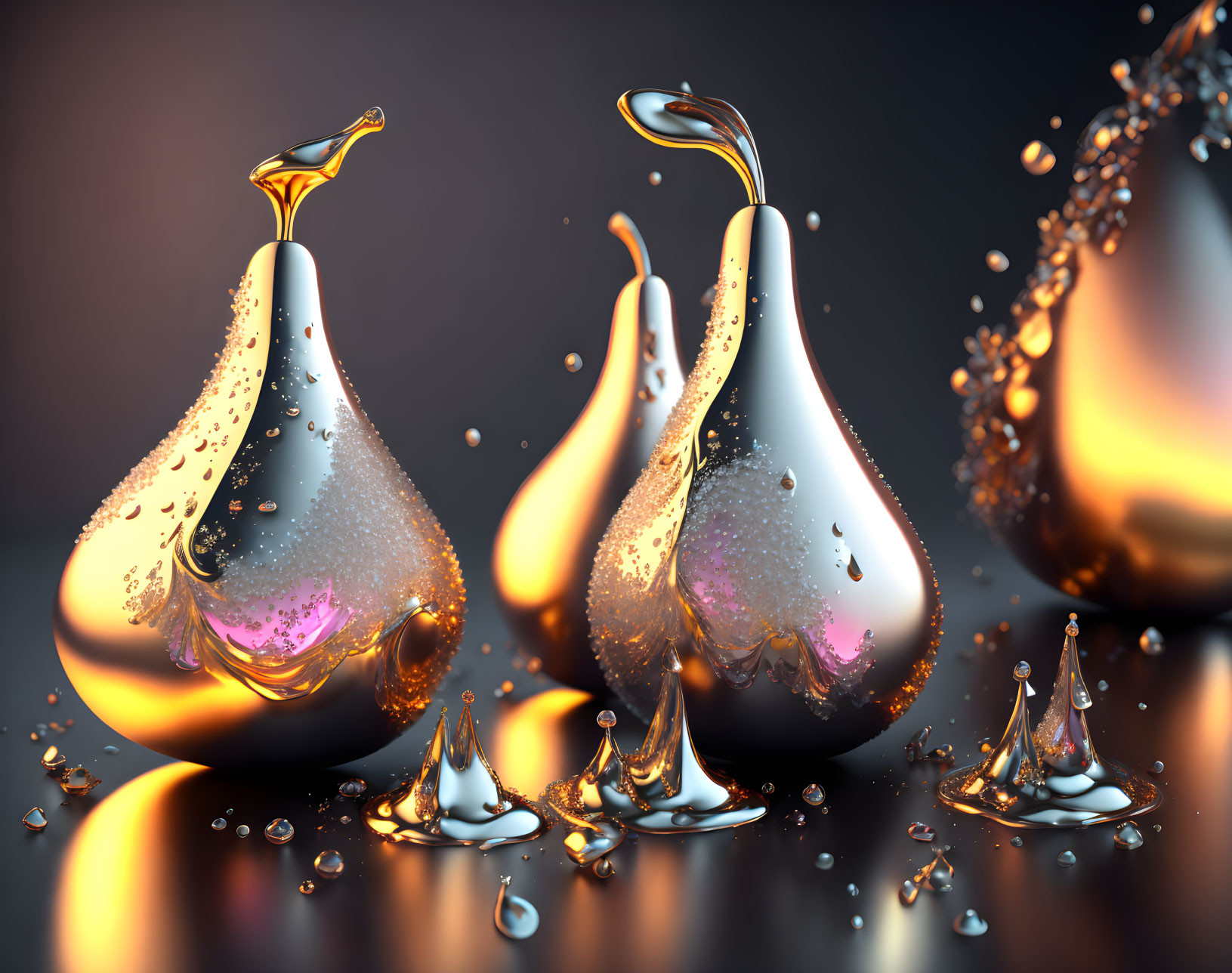 Shiny pear-shaped golden droplets with bubbles on reflective surface