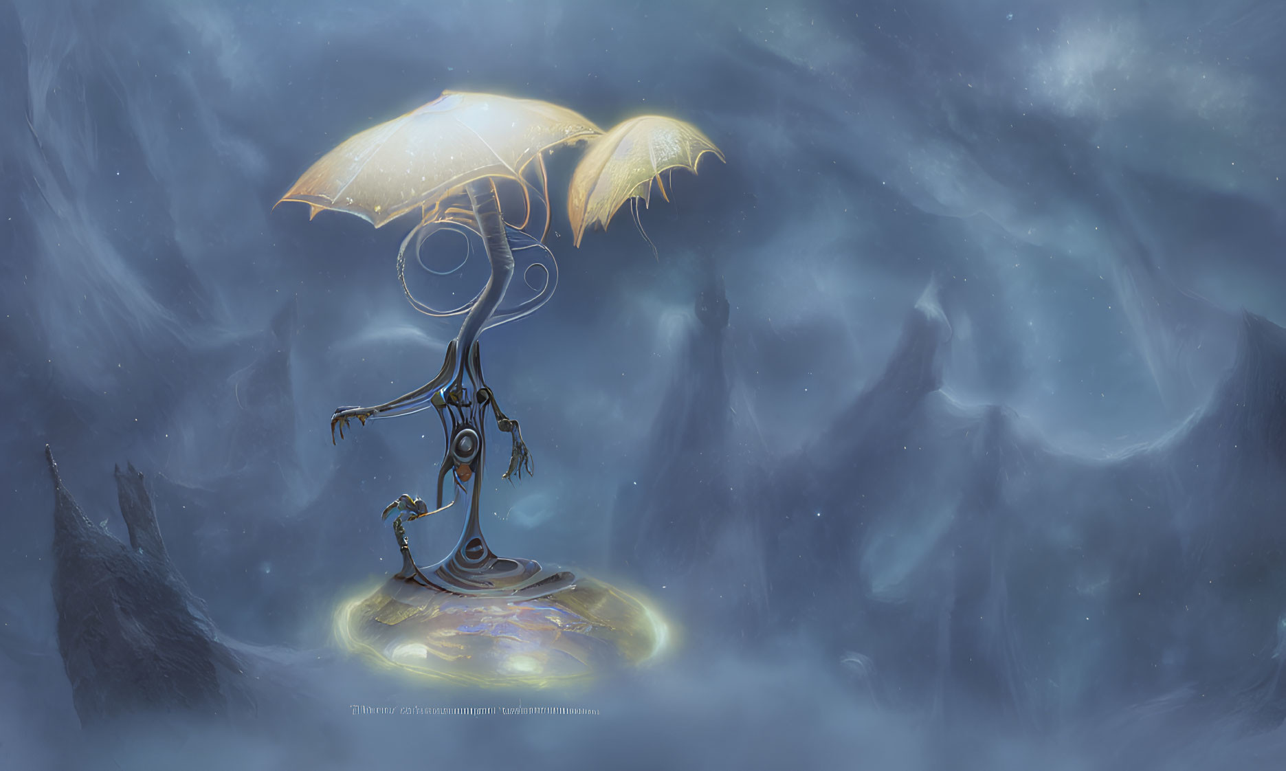 Stylized robotic figure with umbrella in misty blue landscape