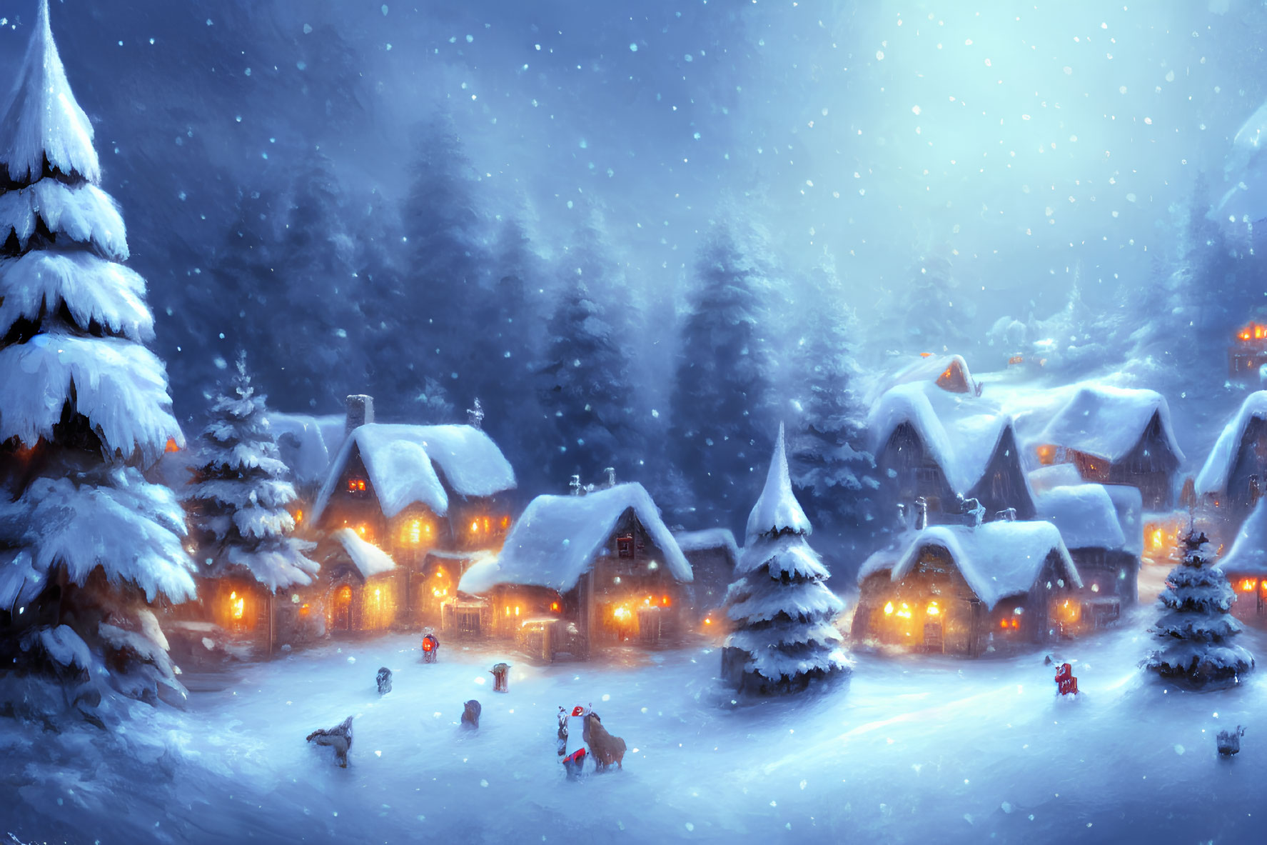 Snow-covered winter village scene at twilight with glowing windows and falling snowflakes