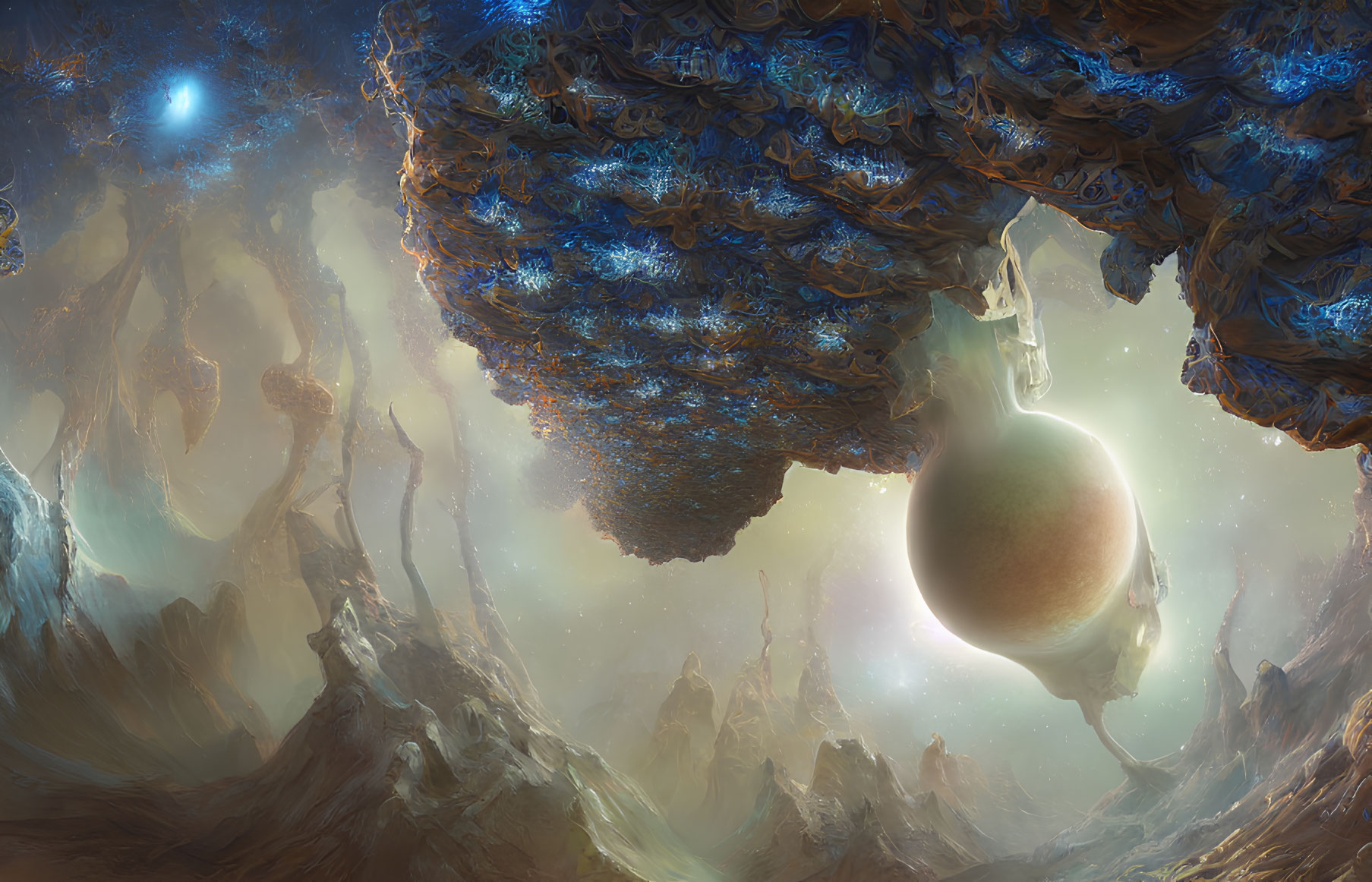 Surreal landscape with floating structures and levitating egg-shaped object under cosmic sky