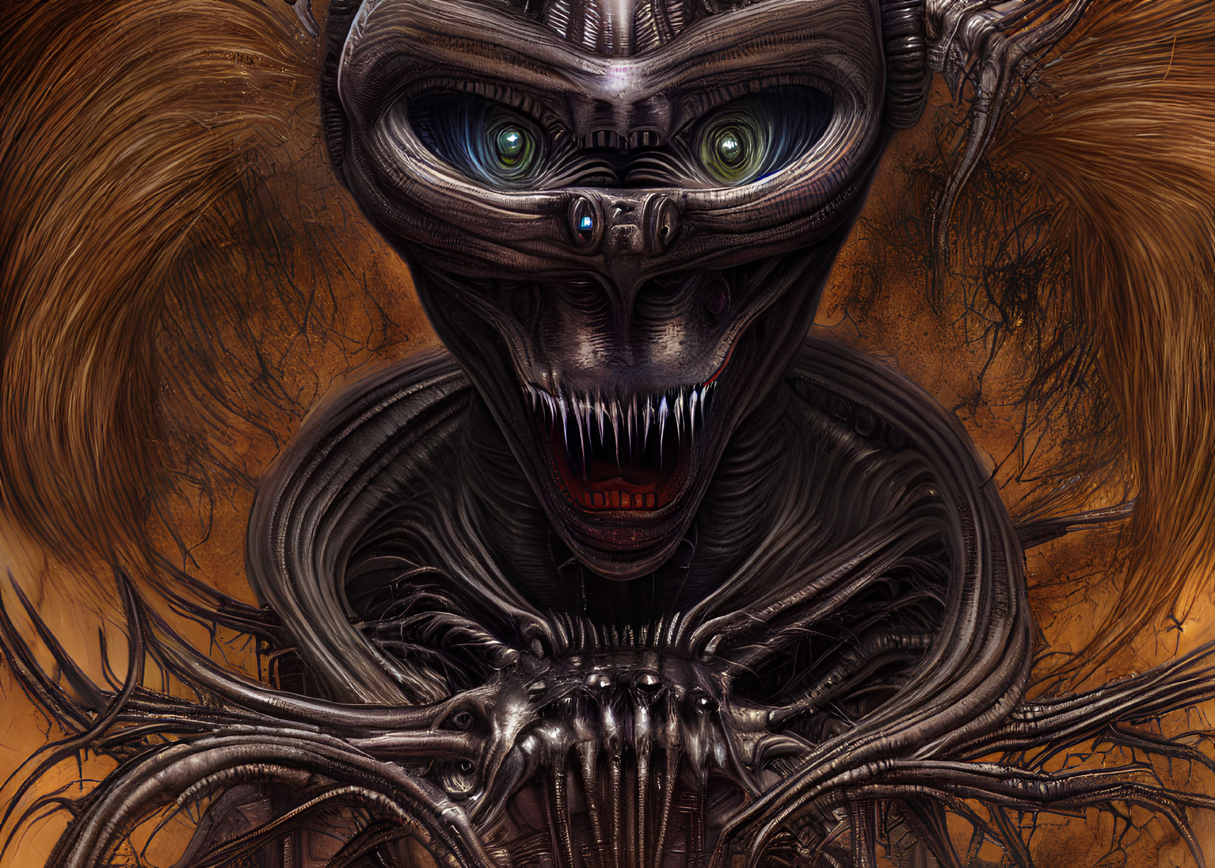 Detailed Digital Art: Menacing Alien with Green Eyes and Biomechanical Features