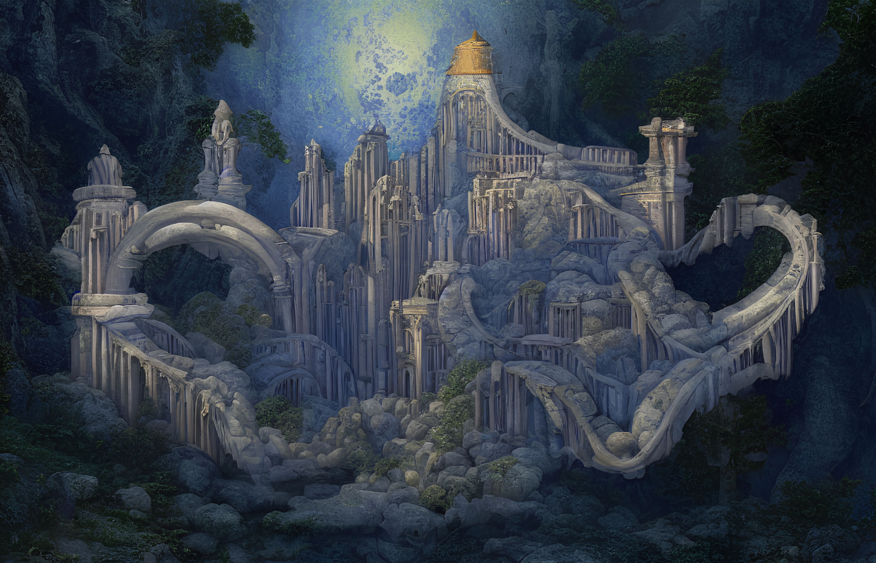 Fantasy palace with intricate architecture in cliffside forest at night