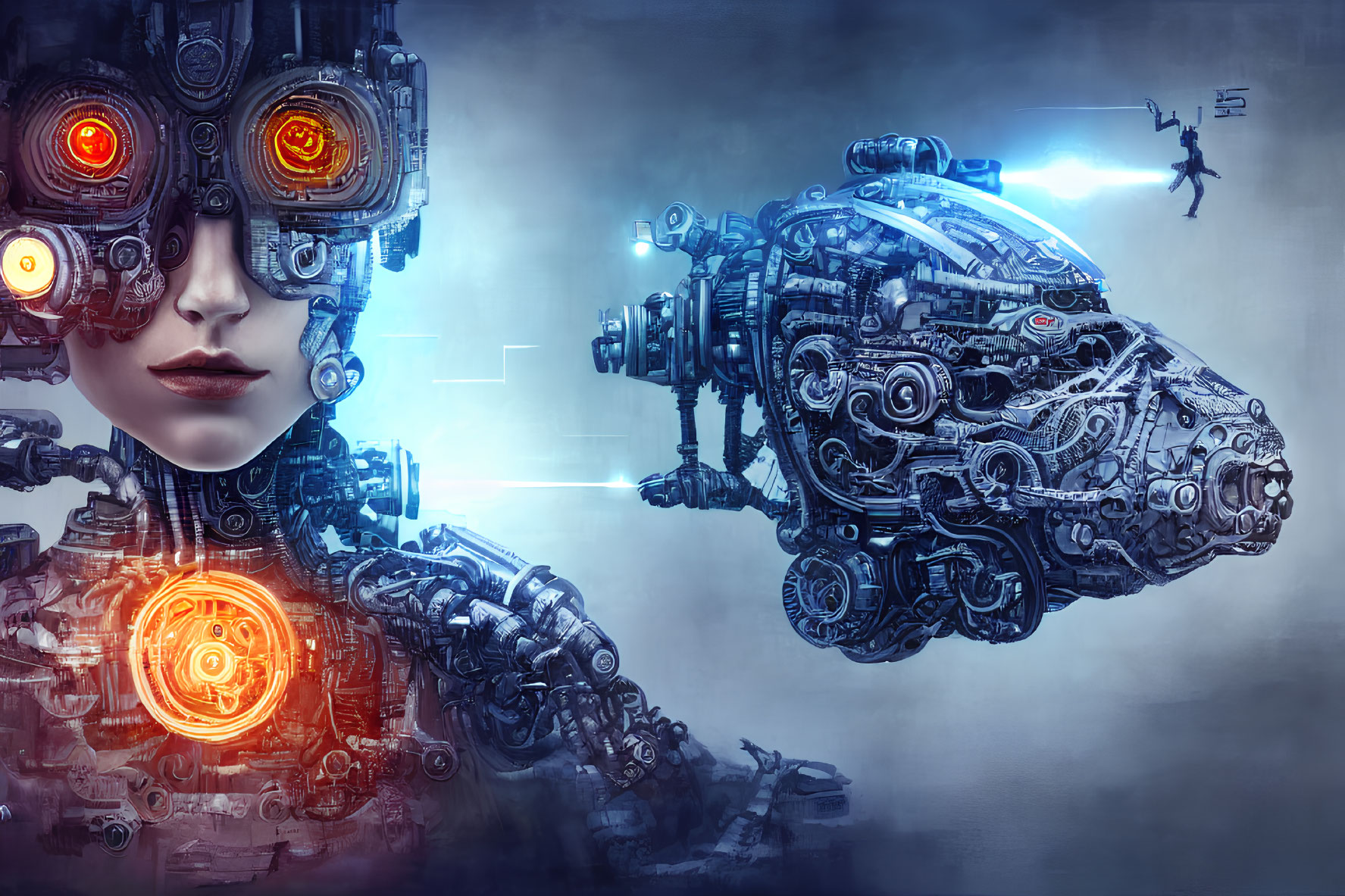 Digital artwork of cyborg woman with mechanical details and futuristic elements
