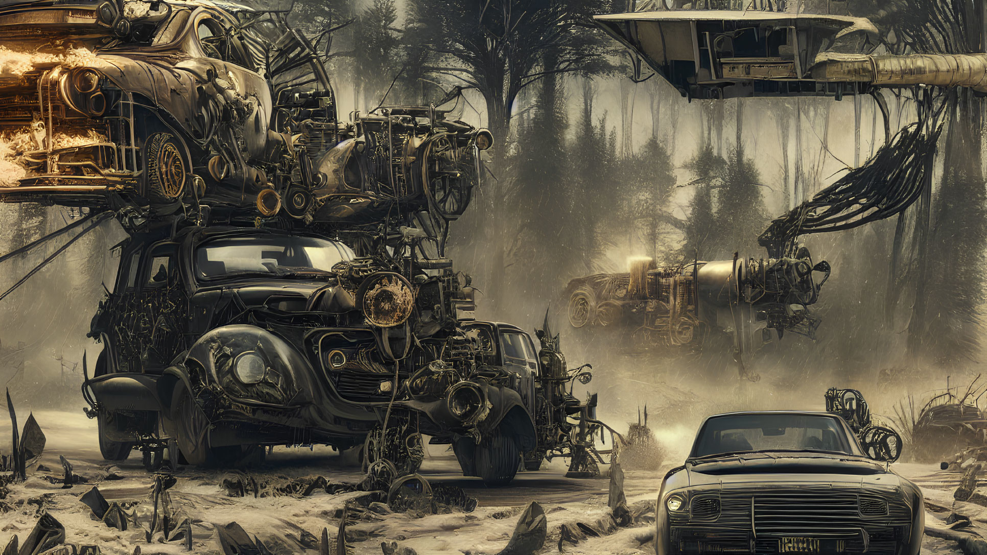 Dystopian scene with stacked cars, mechanical parts, and hovering platform in foggy woods