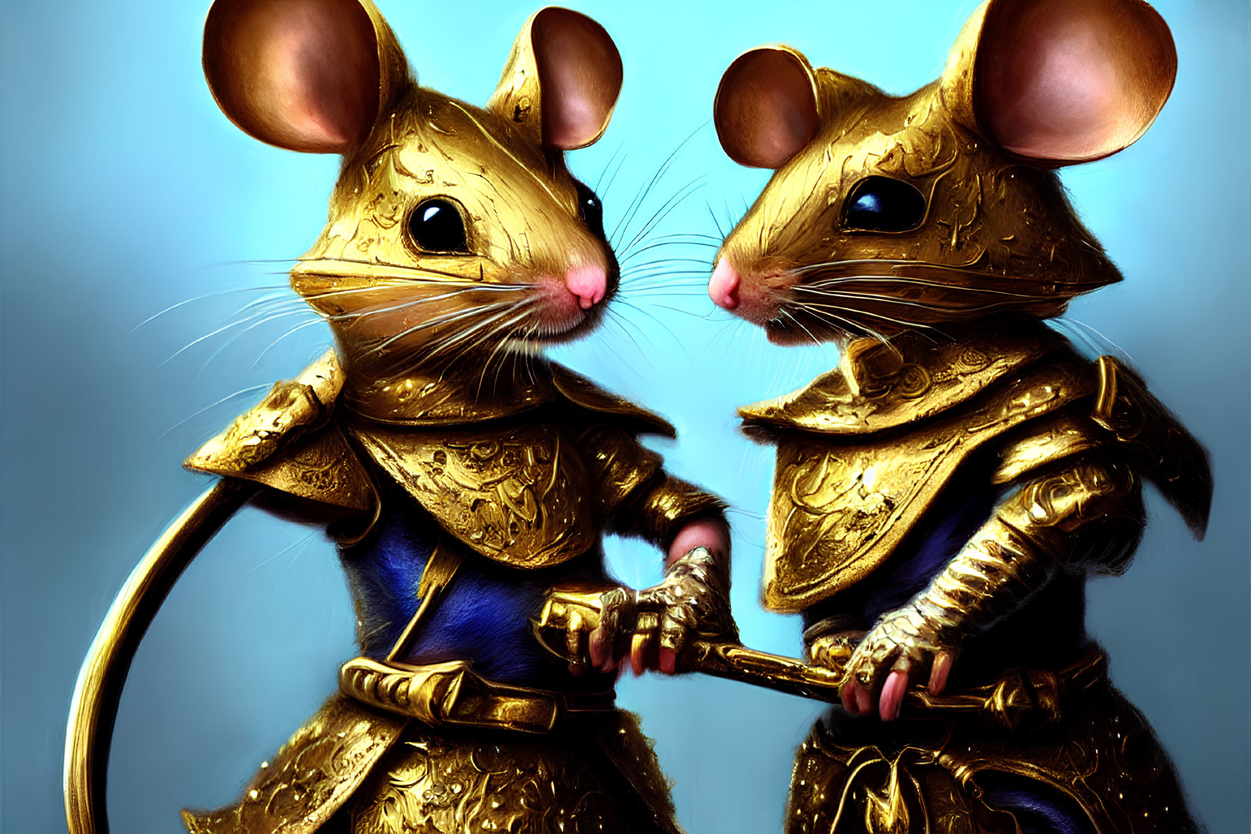 Medieval armor-clad anthropomorphic mice with sword on blue background