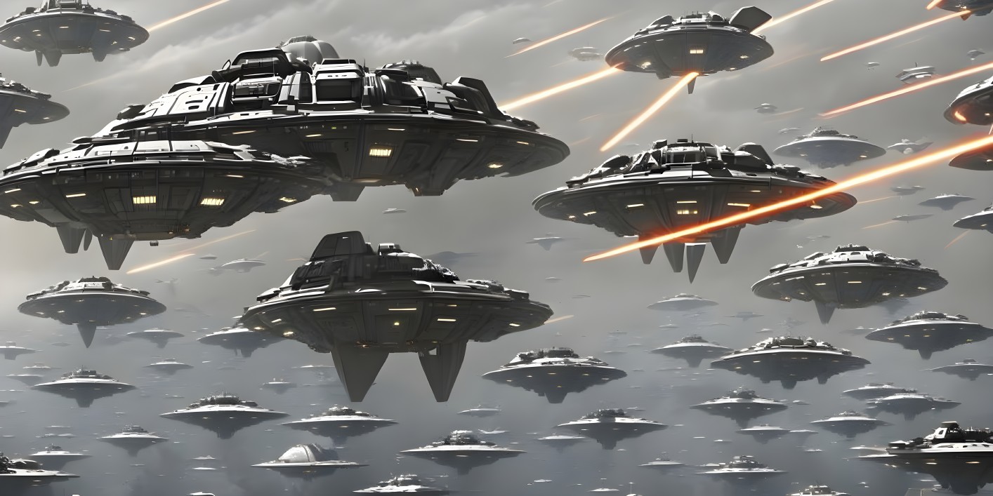 Futuristic spaceships in intense space battle with laser beams