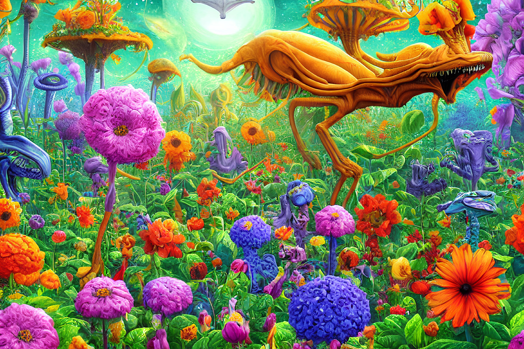 Fantasy garden with colorful flowers and mythical creatures