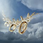 Futuristic golden rings floating among clouds in digital artwork