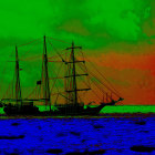 Color-altered cargo ship image with surreal green skies and blue waves
