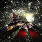Digital artwork: Spaceship in star-filled galaxy with smaller spacecraft.