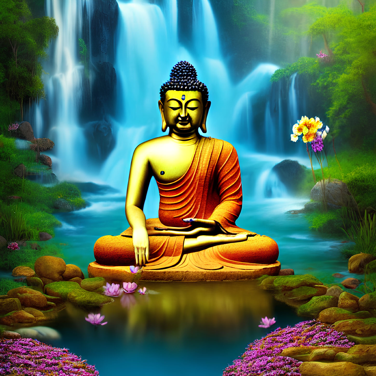 Golden Buddha statue meditating by waterfall in lush greenery