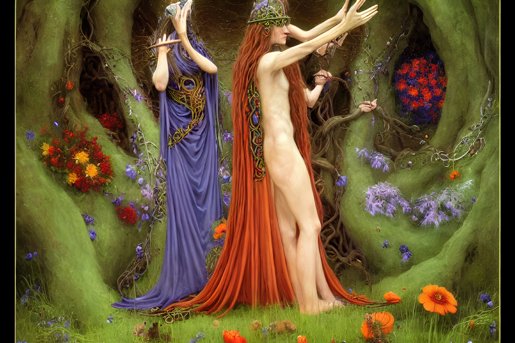 Ethereal women in enchanted forest with vibrant flowers