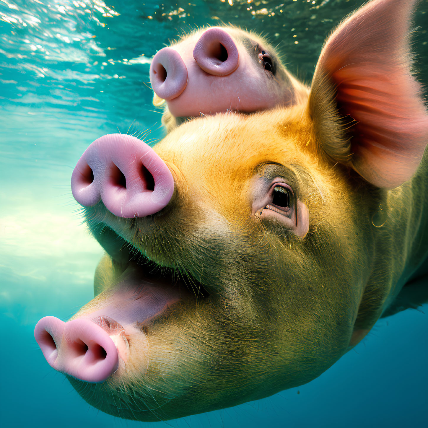Two pigs in water, one submerged, one close-up.