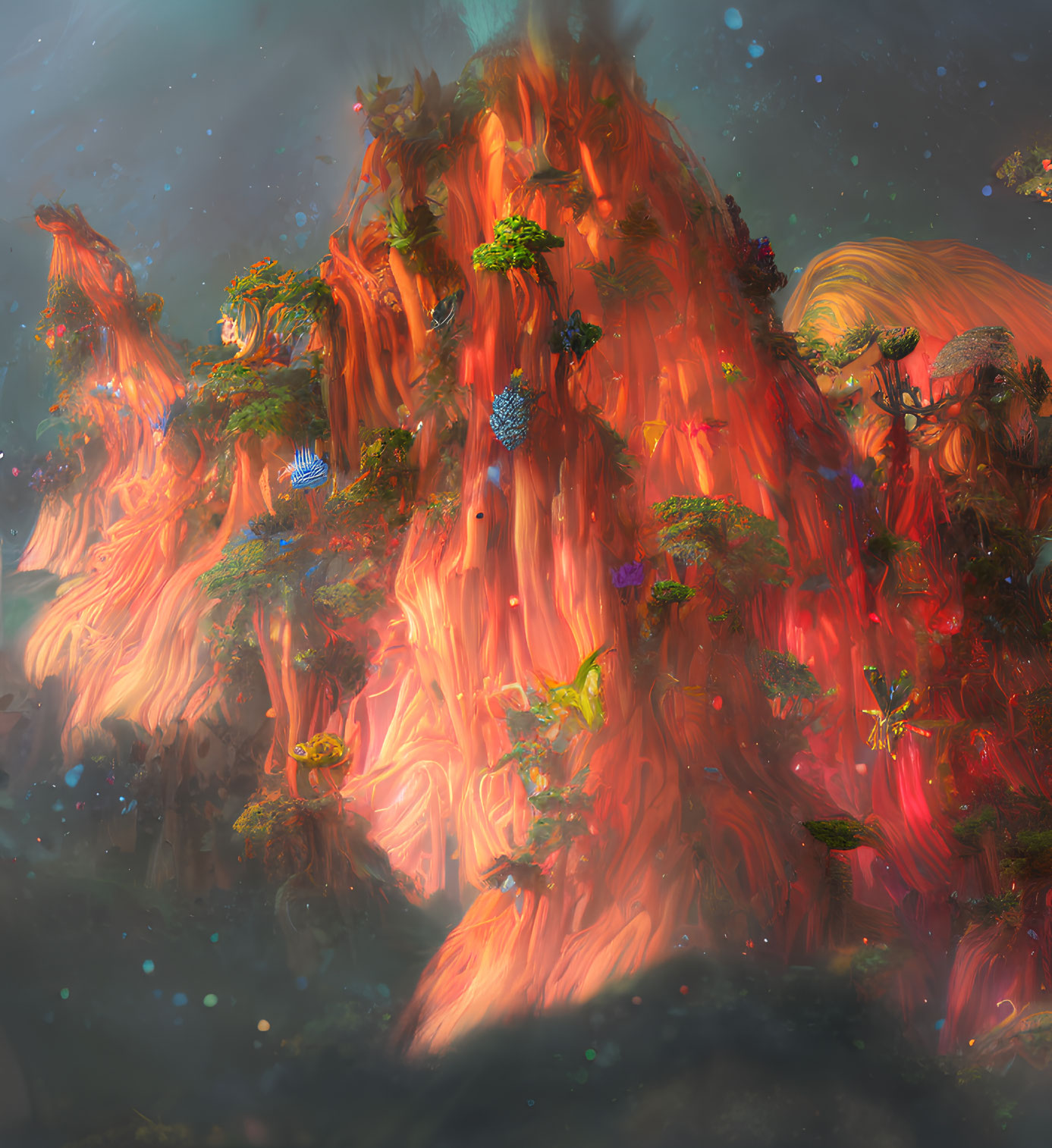 Ethereal forest with luminous flora and glowing haze