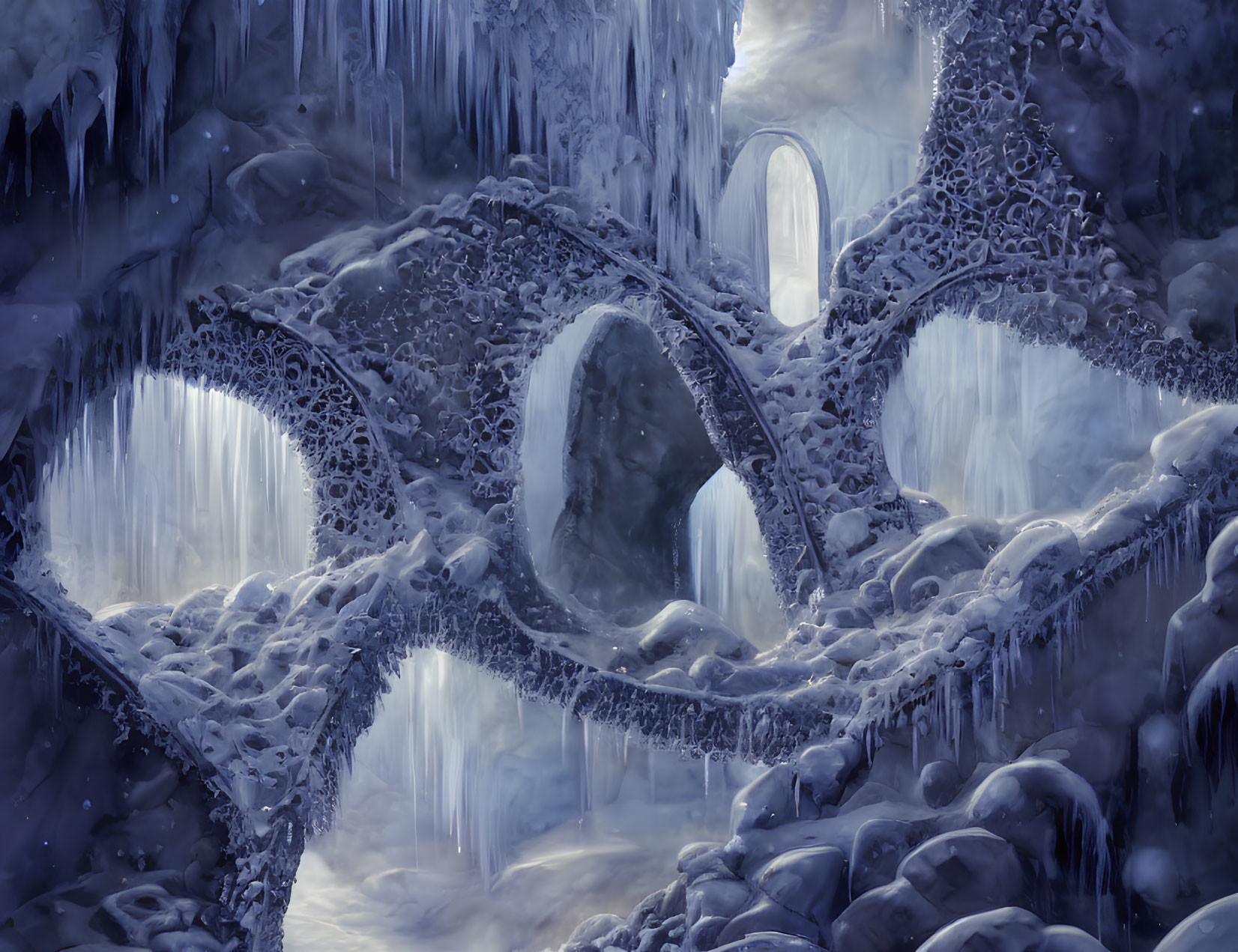 Ethereal icy cave with natural archways and icicles