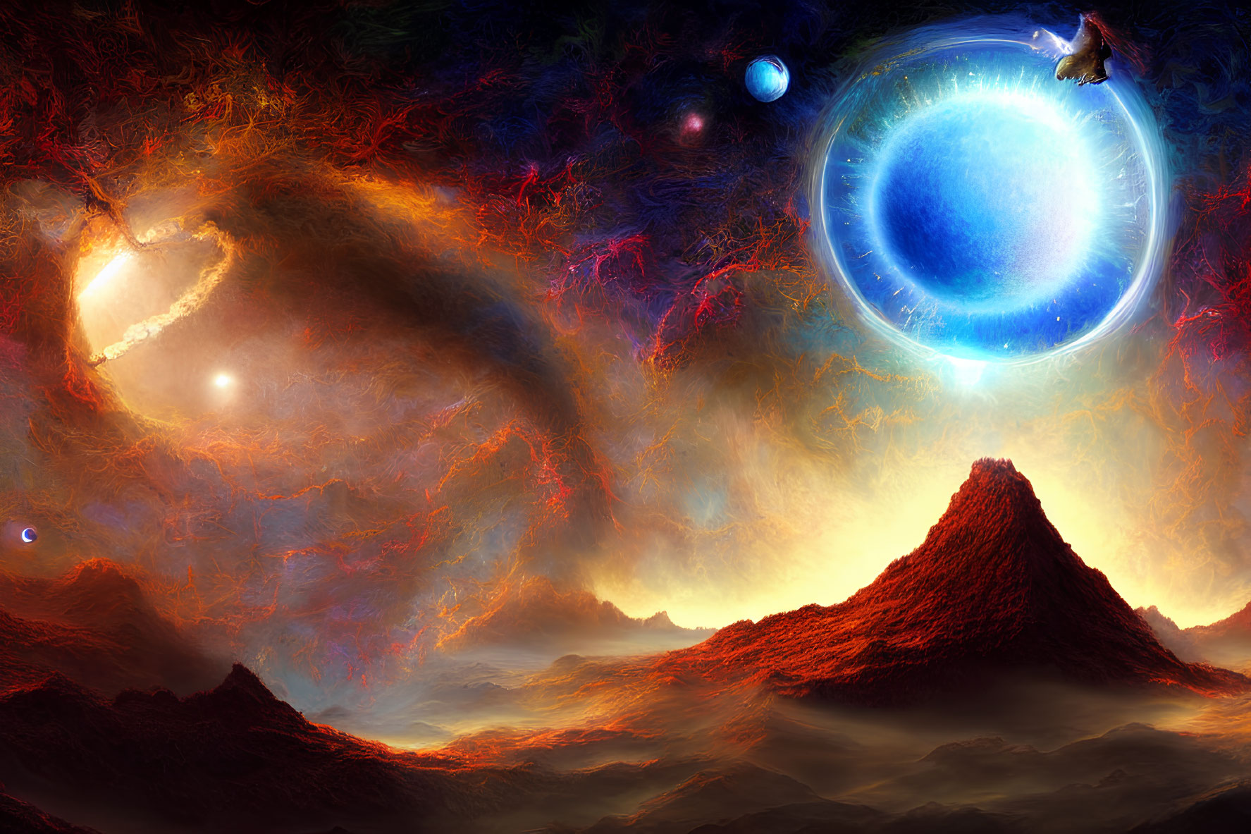 Colorful cosmic landscape with volcano, nebulae, and glowing portal.