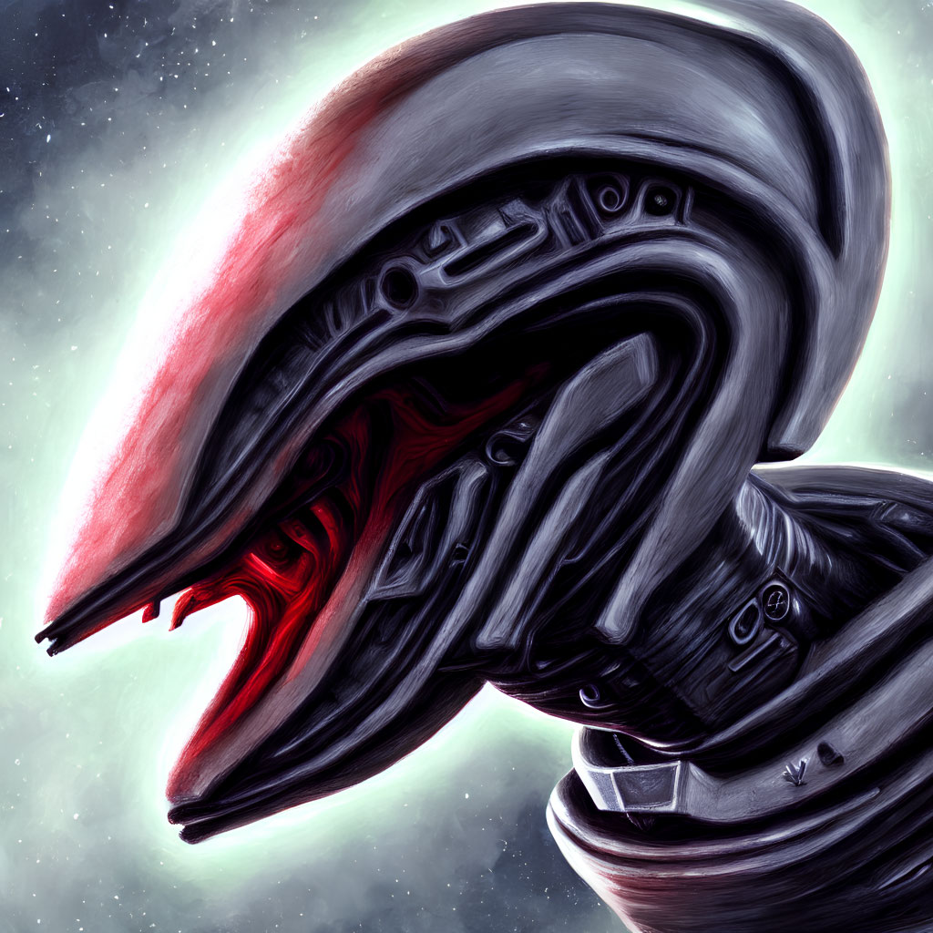 Red-eyed alien with metallic exoskeleton and helmet on starry background