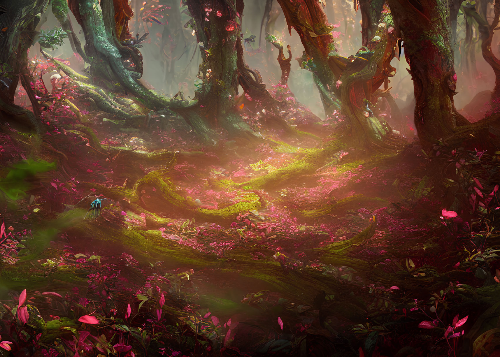 Vibrant pink and green mystical forest with twisting trees and glowing flora