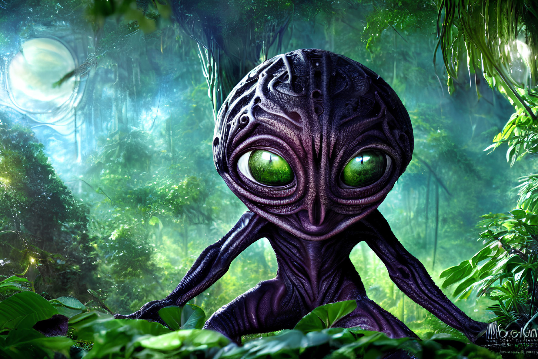 Alien creature with large green eyes in lush, foggy forest