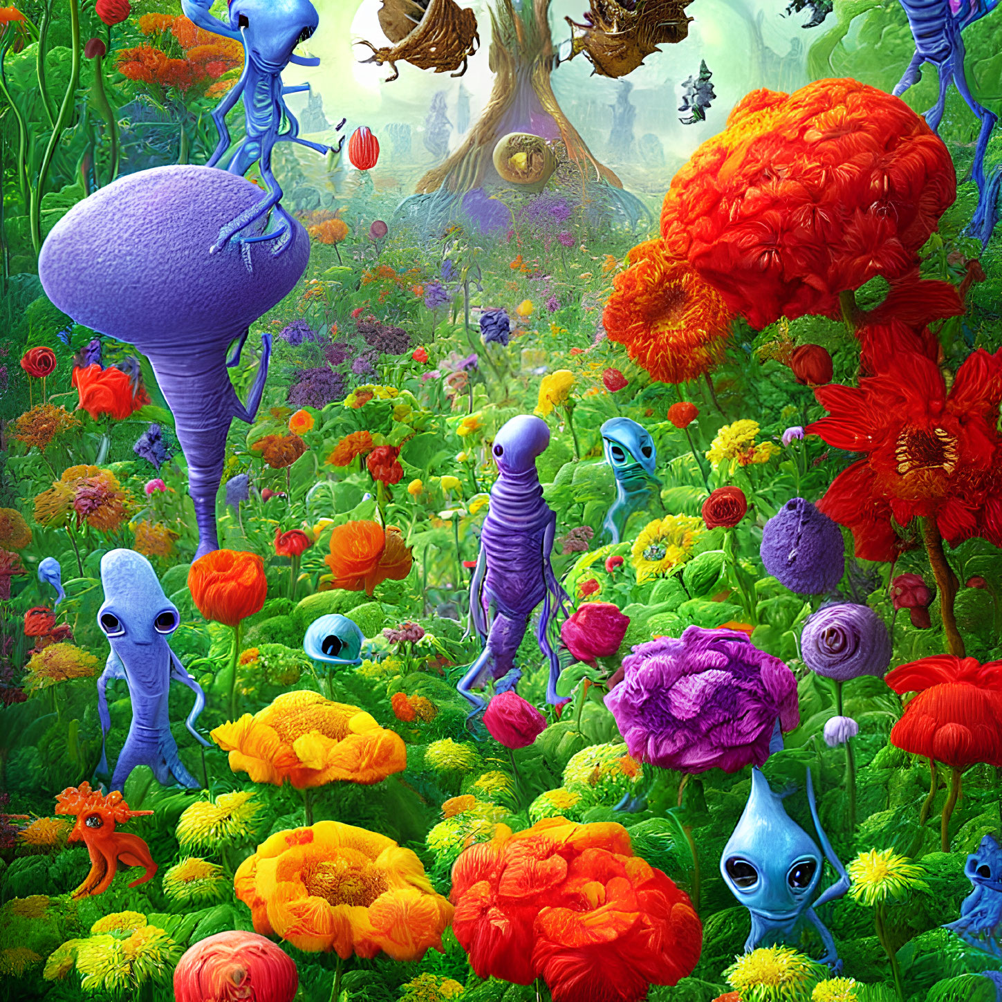 Colorful Alien Landscape with Whimsical Flora and Extraterrestrial Creatures