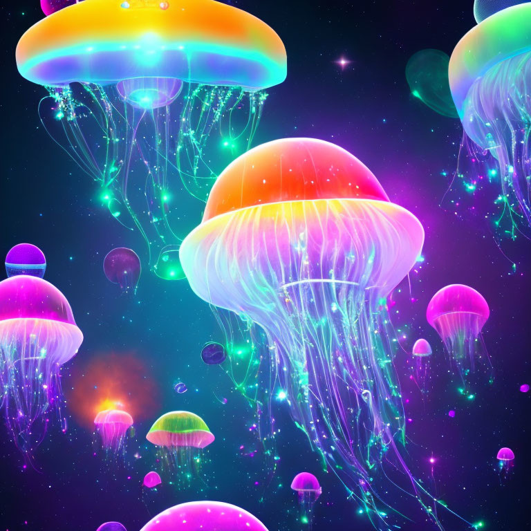 Colorful Jellyfish Illustration in Celestial Space with Stars