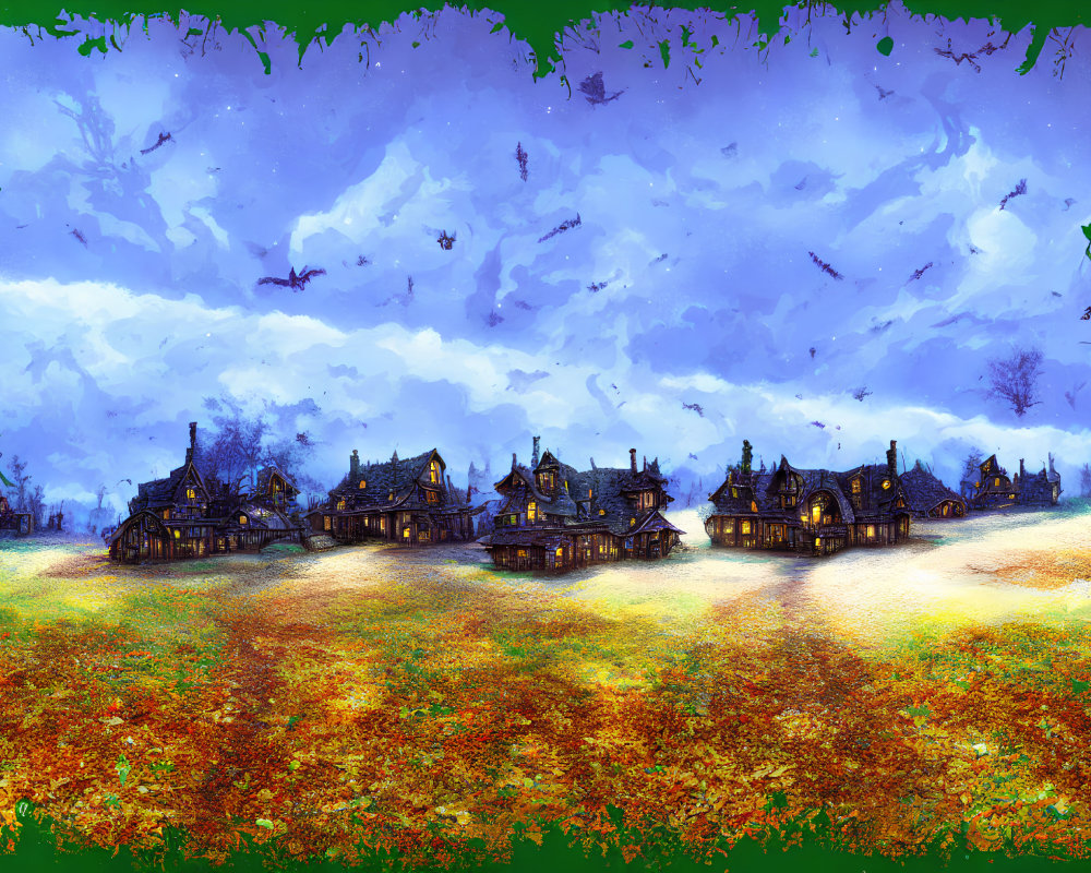 Whimsical fantasy landscape with autumn field and cloudy sky