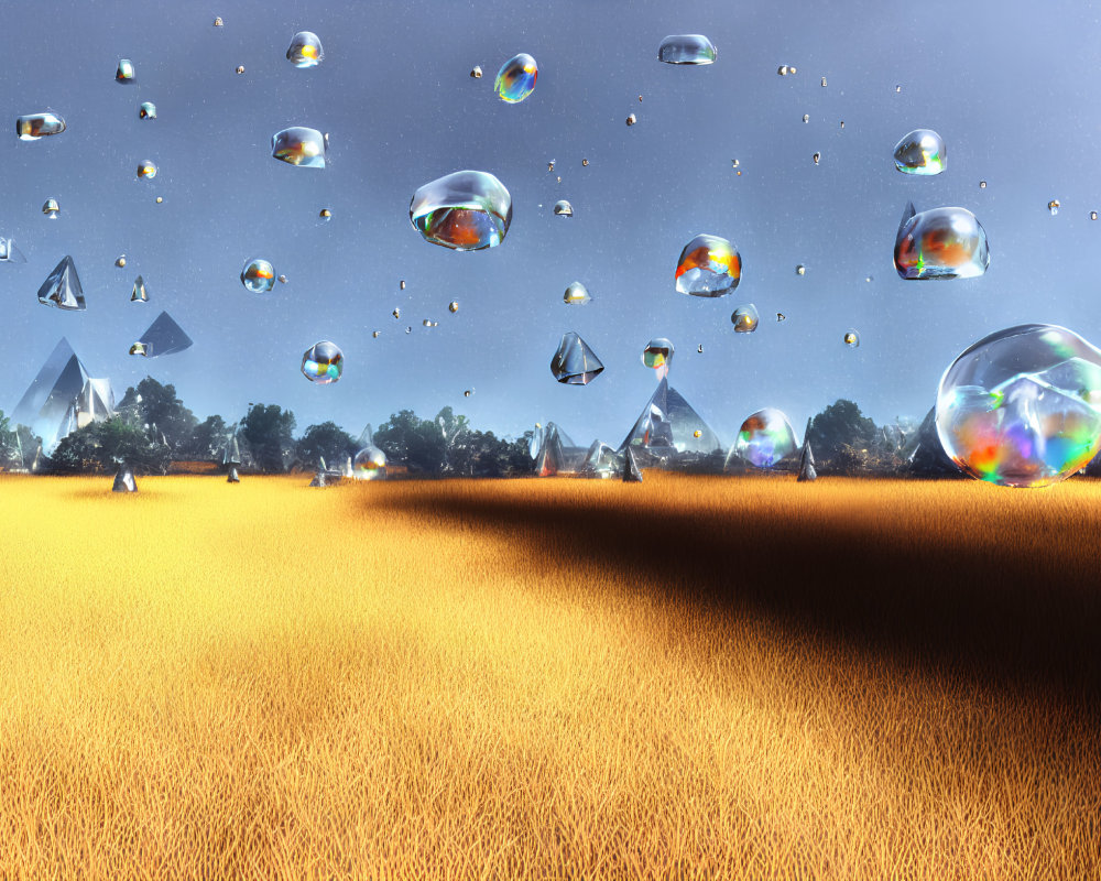 Surreal landscape with golden field, reflective bubbles, pyramids, and clear blue sky