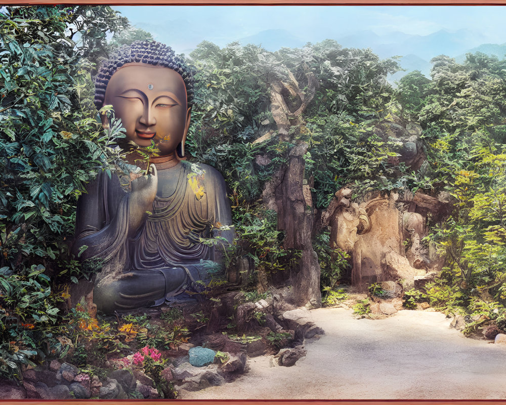 Large Buddha Statue Surrounded by Nature and Mountains