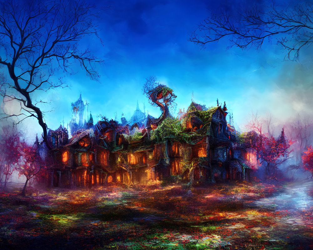 Digital Art: Enchanted mansion in mystical forest with ethereal glow