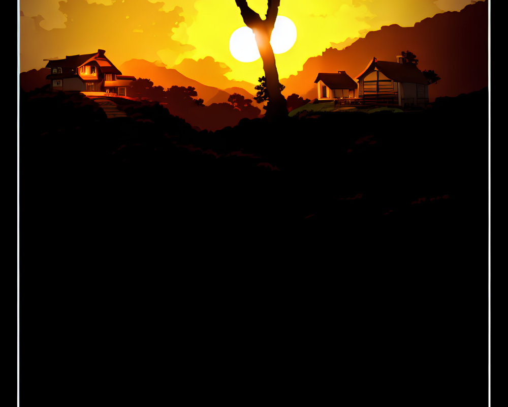 Silhouetted tree and houses against orange sky with dual suns and birds.