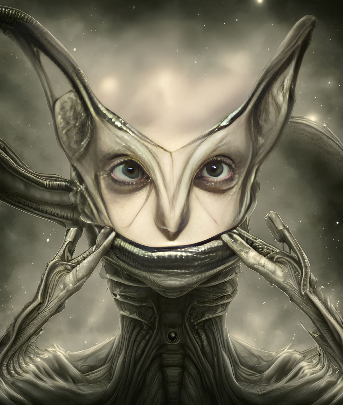 Alien with large, pointed ears and human-like eyes on starry backdrop
