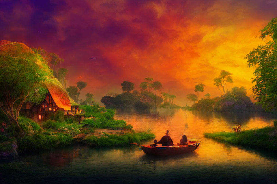 Tranquil river sunset with boat, fishing people, and thatched cottage