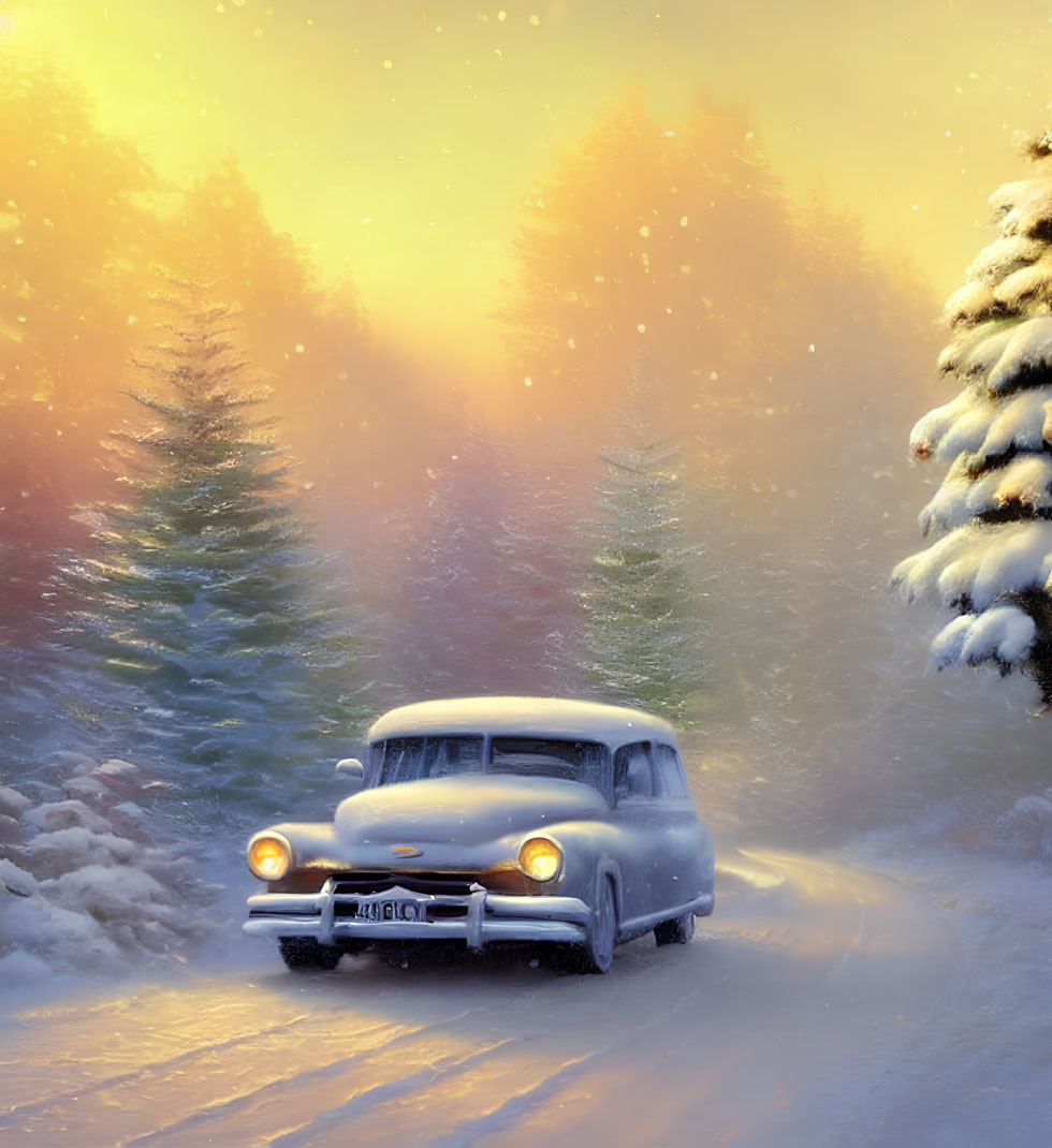 Classic car in snowy forest with sunlight filtering through mist