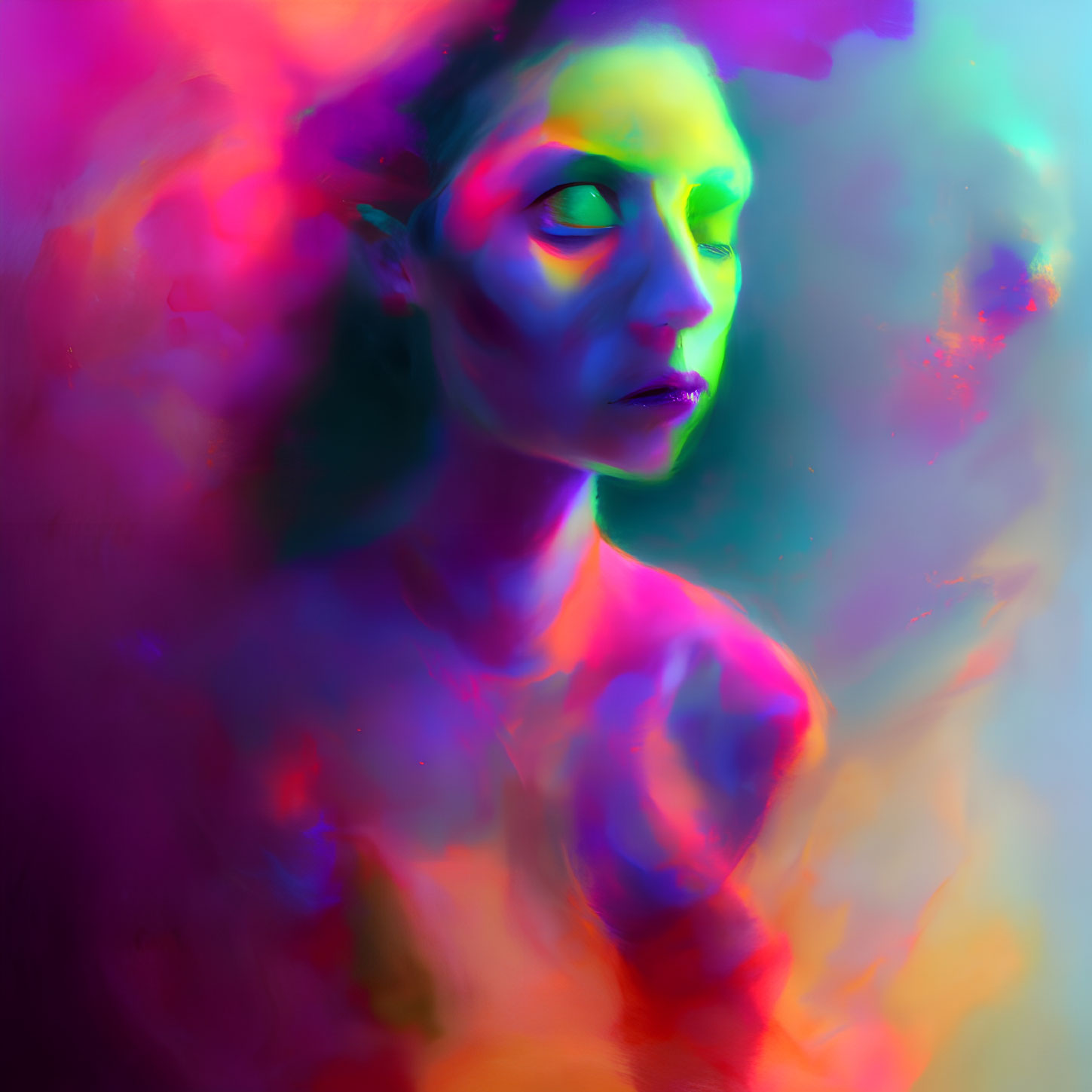 Colorful portrait of a contemplative person in neon hues