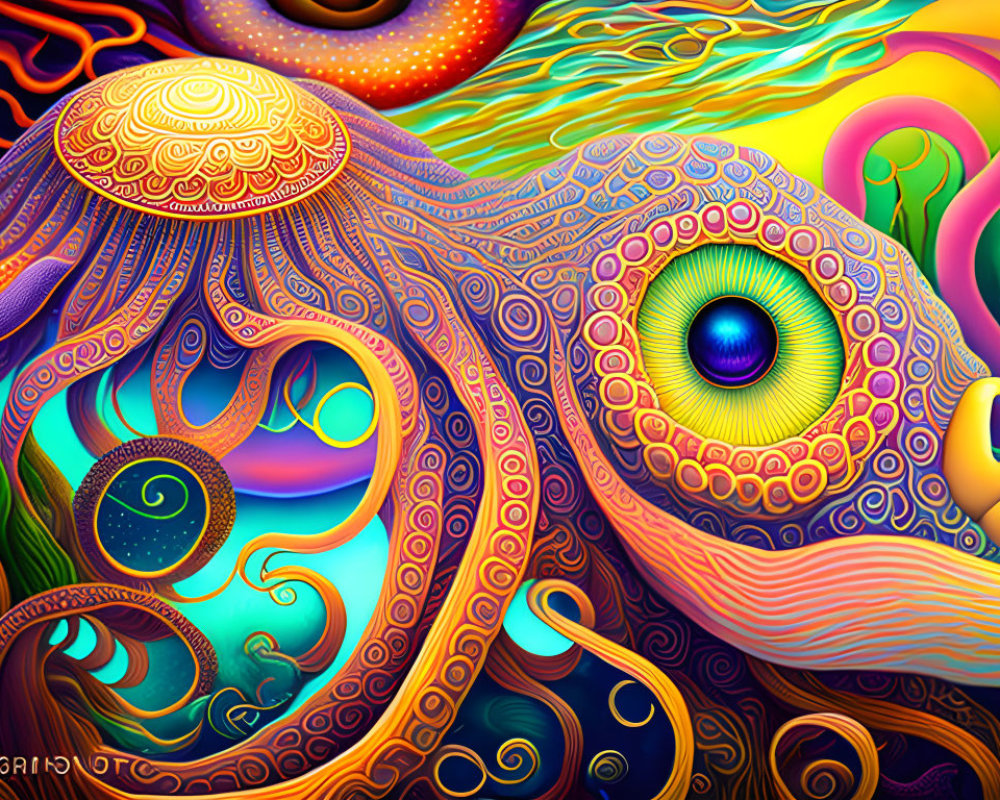 Colorful Psychedelic Octopus Illustration with Vibrant Patterns