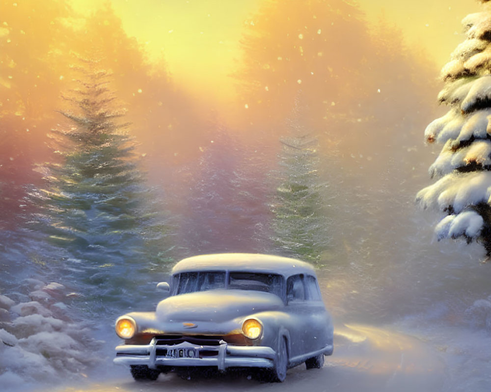 Classic car in snowy forest with sunlight filtering through mist