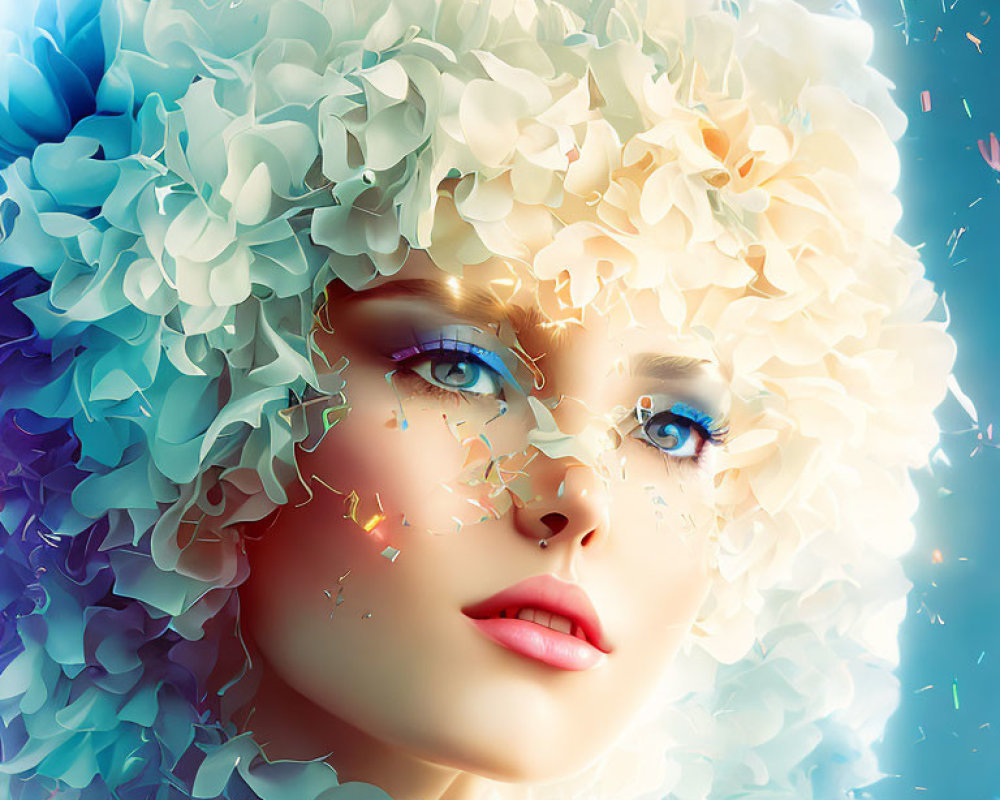 Portrait of a Woman with Vibrant Blue Eyes and White Flowers