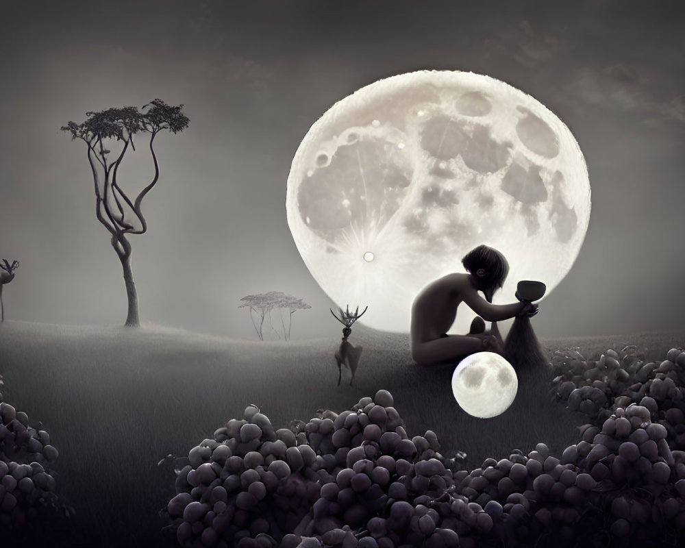 Monochrome surreal scene: person pouring light, moon, deer, misty trees