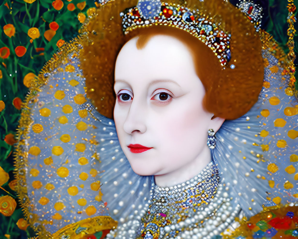 Elizabethan Woman Portrait with Jeweled Crown and Floral Background