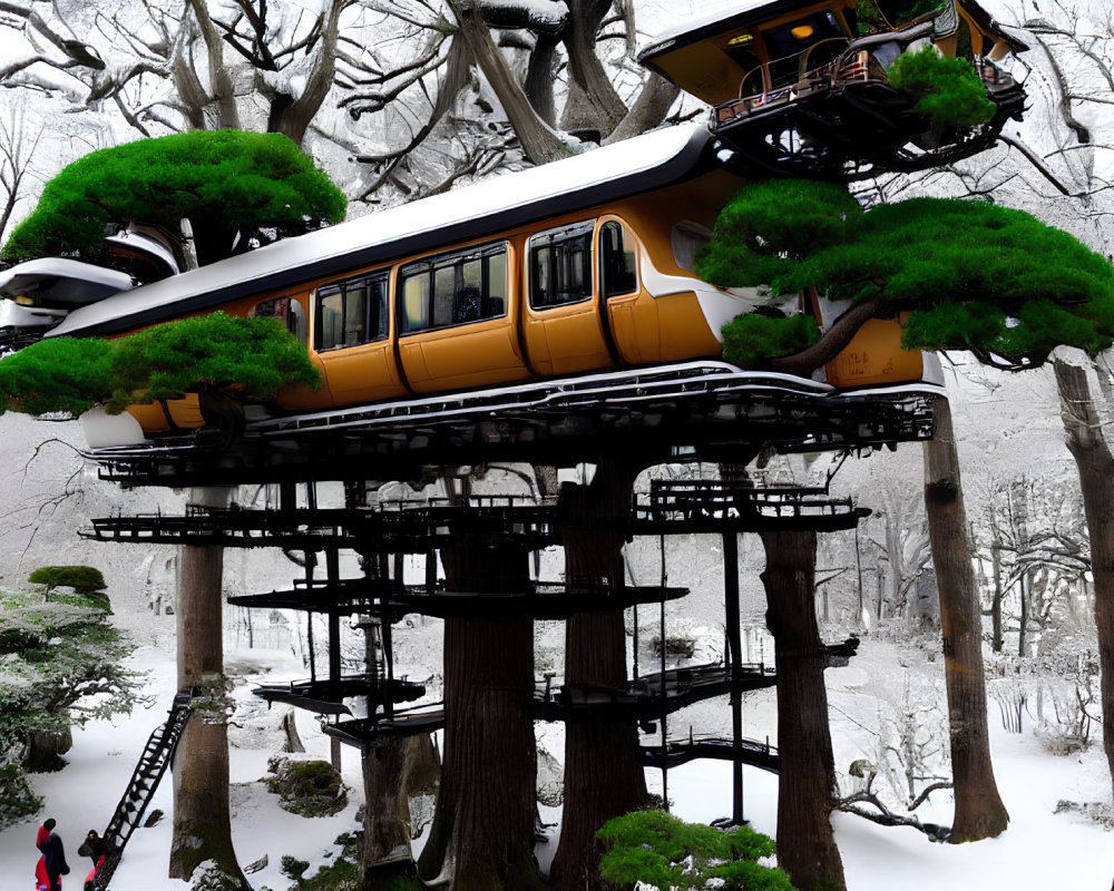 Yellow Train Carriage Transformed into Snowy Treehouse with Staircase