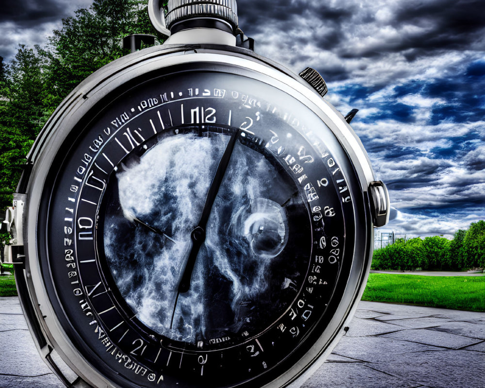 Transparent face giant stopwatch under stormy clouds in dynamic sky.