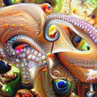 Colorful digital artwork: Two stylized orange octopuses in intricate coral reef setting