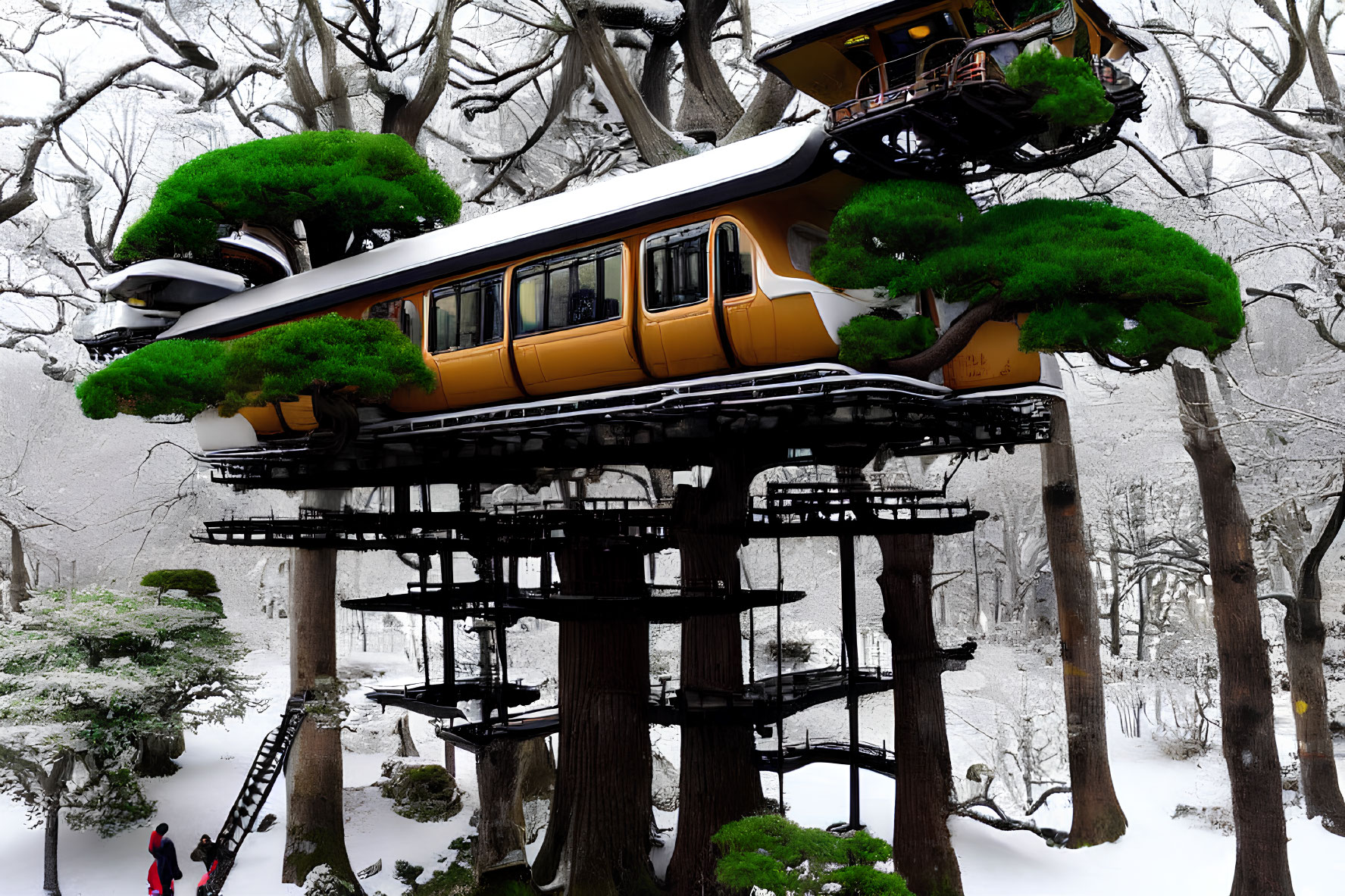 Yellow Train Carriage Transformed into Snowy Treehouse with Staircase