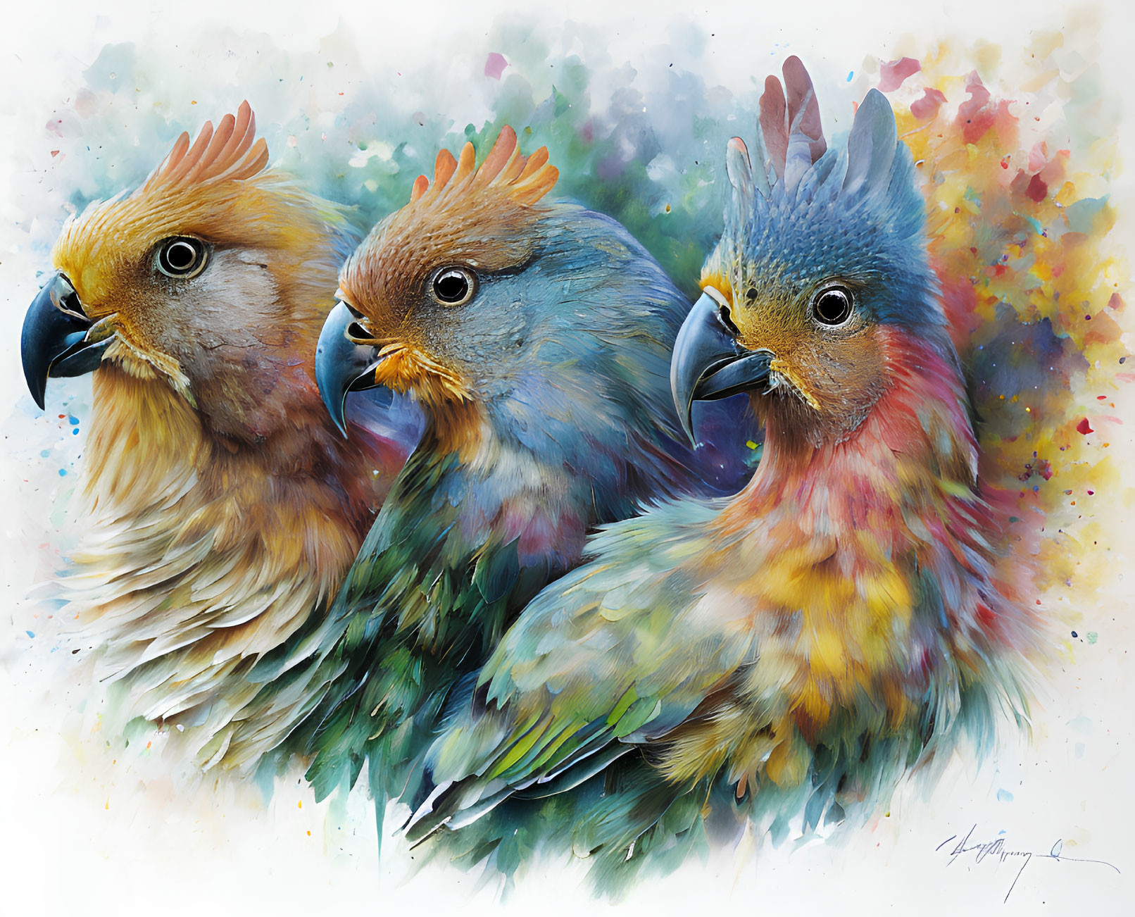 Colorful Parrots in Dynamic Watercolor Art Style