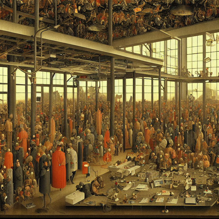 Detailed illustration of crowded factory with workers and machinery