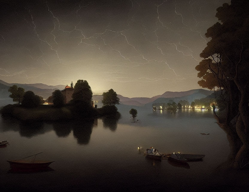 Nighttime Lake Scene with Lightning, Boats, and Castle on Shore