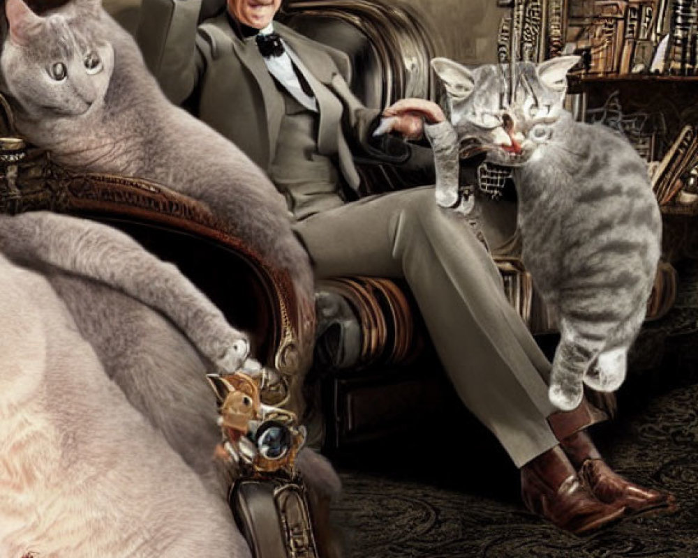 Man in elegant attire with three cats in vintage room, surreal scene.