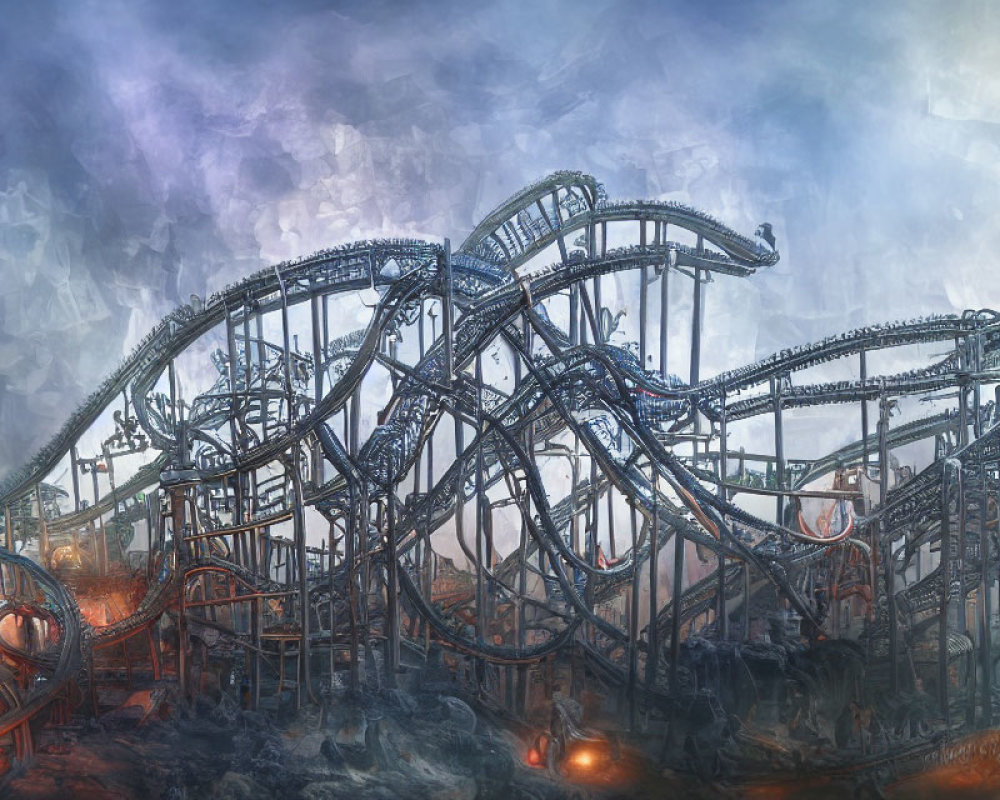 Intricate Roller Coaster with Loops in Dystopian Setting